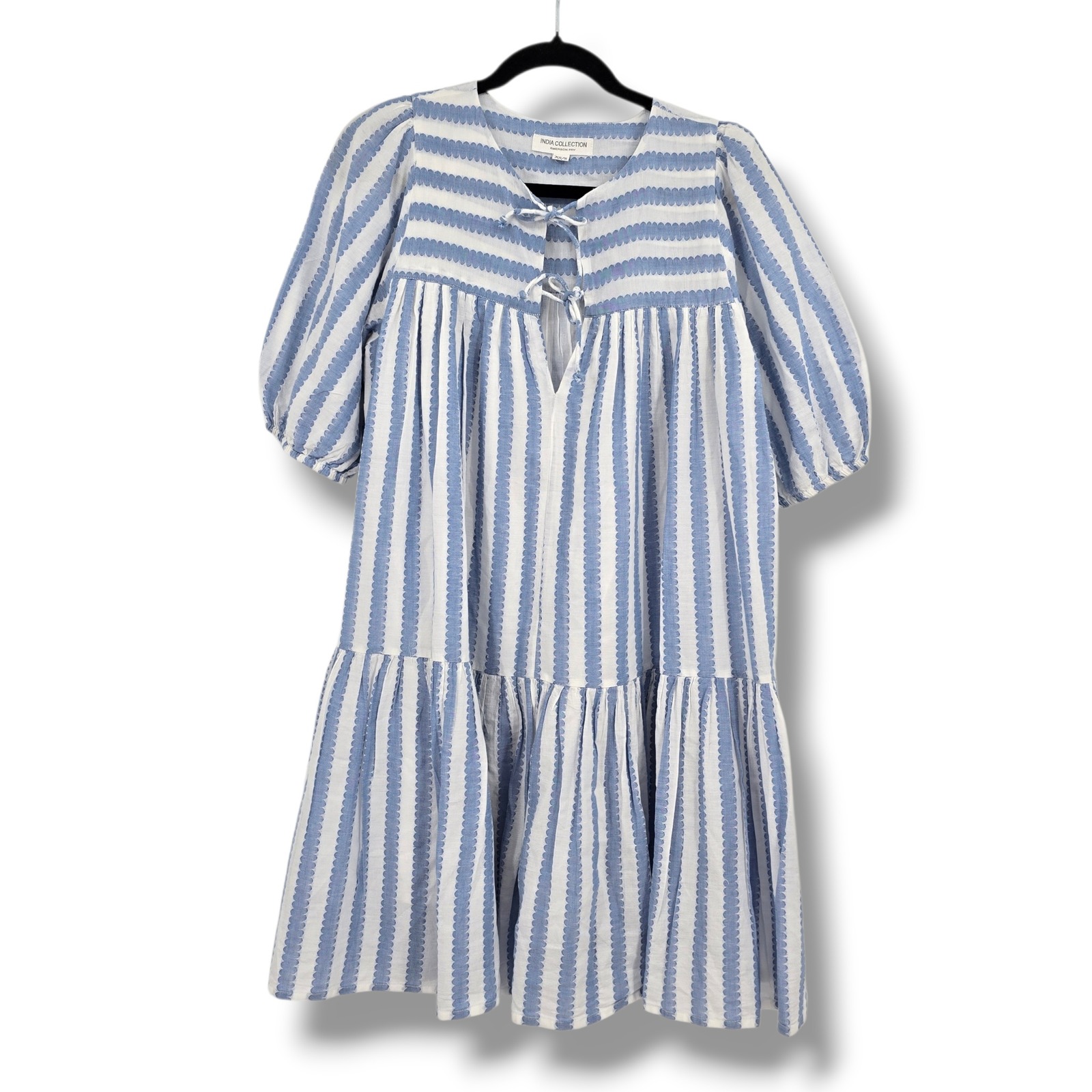 Emerson Fry India Collection Blue Scalloped Stripe Organic Cotton Dress Xs/S